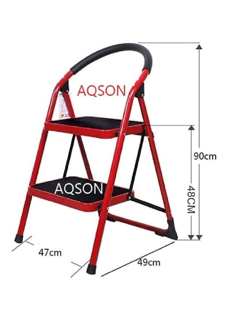 AQSON Steel 2 Step Ladder Folding Stool, Foldable Step Ladder with Rubber Handgrip and Non Slip Treads, 330lbs Capacity Ladder for Kitchen Red, 2_S