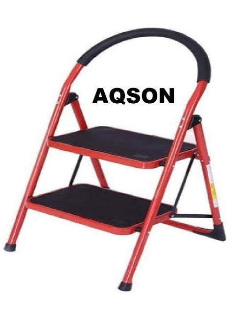 AQSON Steel 2 Step Ladder Folding Stool, Foldable Step Ladder with Rubber Handgrip and Non Slip Treads, 330lbs Capacity Ladder for Kitchen Red, 2_S