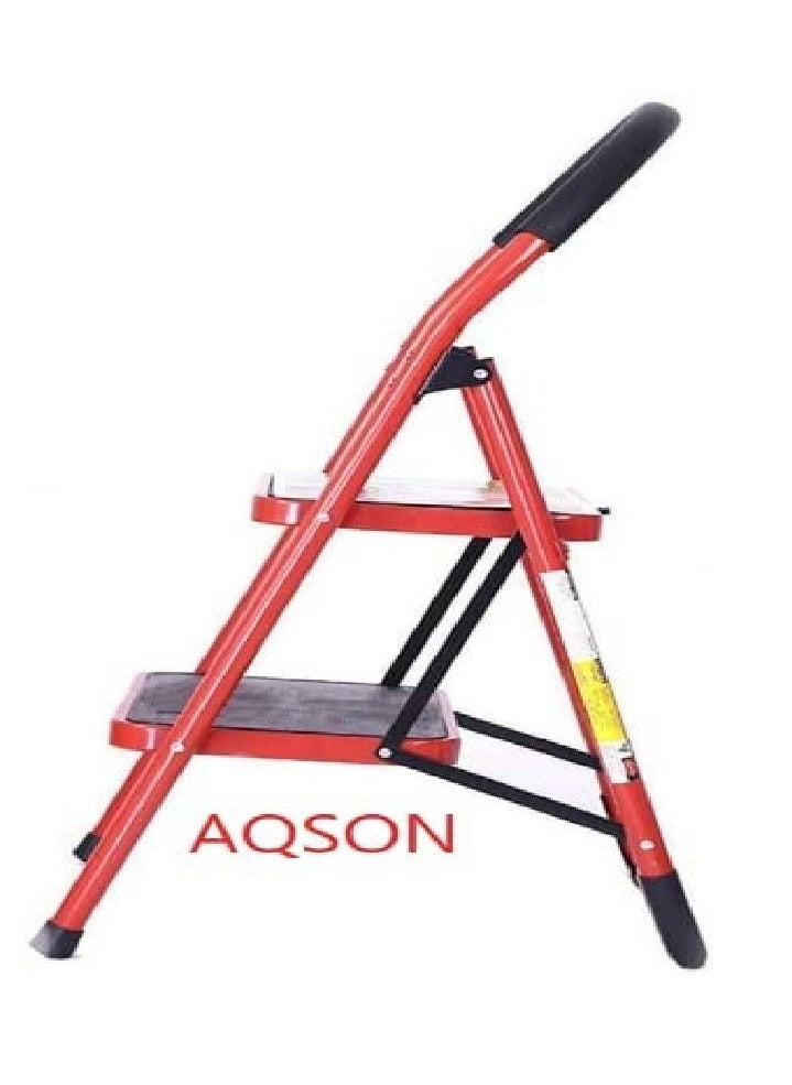 AQSON Steel 2 Step Ladder Folding Stool, Foldable Step Ladder with Rubber Handgrip and Non Slip Treads, 330lbs Capacity Ladder for Kitchen Red, 2_S