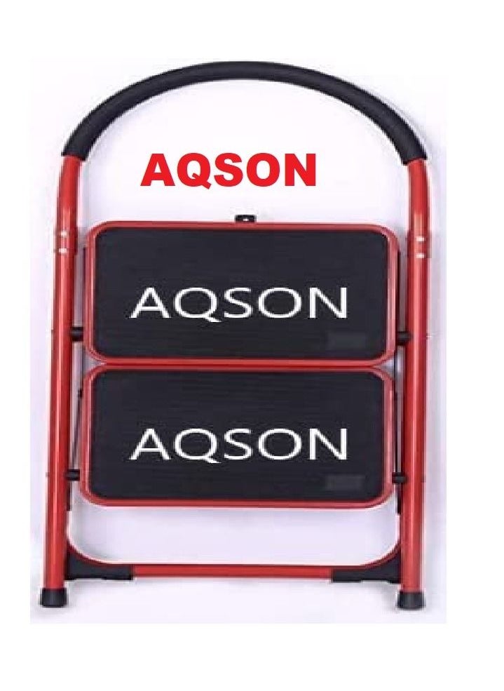 AQSON Steel 2 Step Ladder Folding Stool, Foldable Step Ladder with Rubber Handgrip and Non Slip Treads, 330lbs Capacity Ladder for Kitchen Red, 2_S