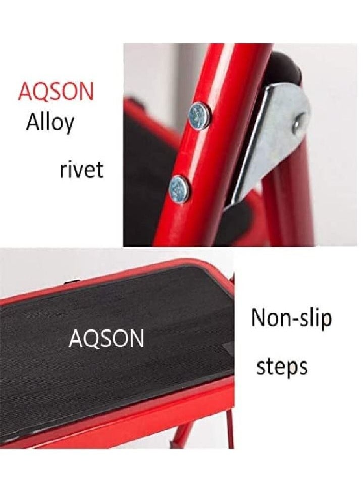 AQSON Steel 2 Step Ladder Folding Stool, Foldable Step Ladder with Rubber Handgrip and Non Slip Treads, 330lbs Capacity Ladder for Kitchen Red, 2_S