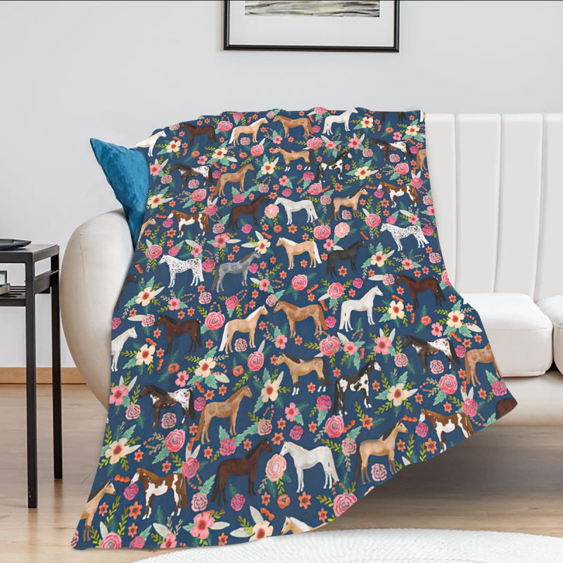 exroozy Horse Blanket Gifts for Girls Women Western Horses Flowers Fleece Flannel Throw Blankets Soft Lightweight Horse Plush Stuffed Animal Blue Throws for Horse Lovers Kids Adults Bed Sofa Decor 60"" x50 - Image 2