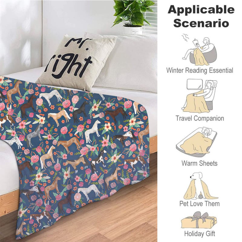 exroozy Horse Blanket Gifts for Girls Women Western Horses Flowers Fleece Flannel Throw Blankets Soft Lightweight Horse Plush Stuffed Animal Blue Throws for Horse Lovers Kids Adults Bed Sofa Decor 60"" x50 - Image 5