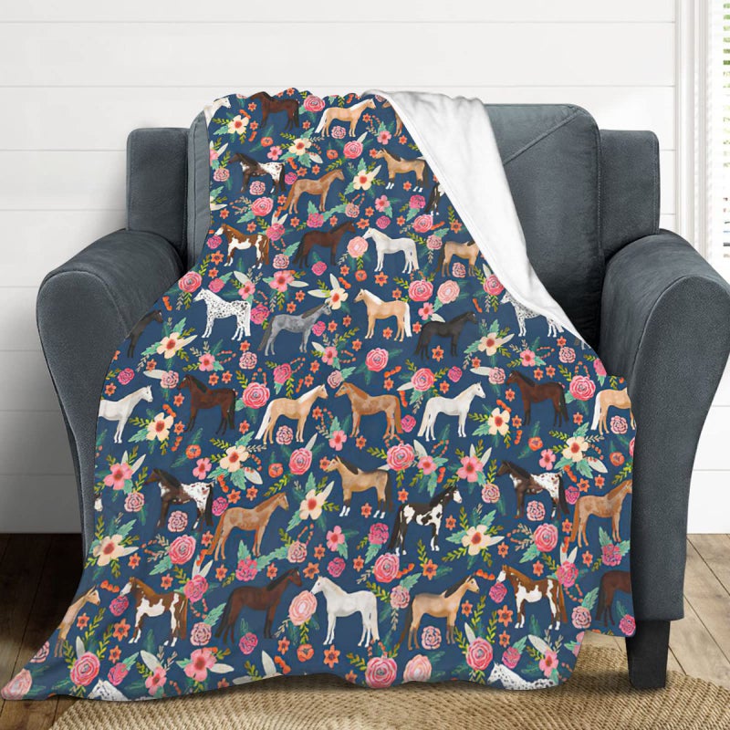exroozy Horse Blanket Gifts for Girls Women Western Horses Flowers Fleece Flannel Throw Blankets Soft Lightweight Horse Plush Stuffed Animal Blue Throws for Horse Lovers Kids Adults Bed Sofa Decor 60"" x50 - Image 4