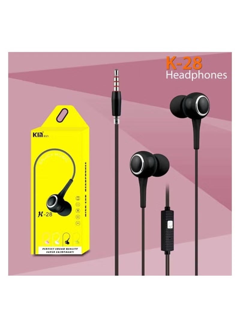 Kin K28 Black Wired in-Earphone Stereophonic Sound With Mic, Built-in Microphone, Bass, 3.5mm Jack, Suitable For All Mobile Phones, Android & Mac Mobiles, Ear Phone, Music - Image 1