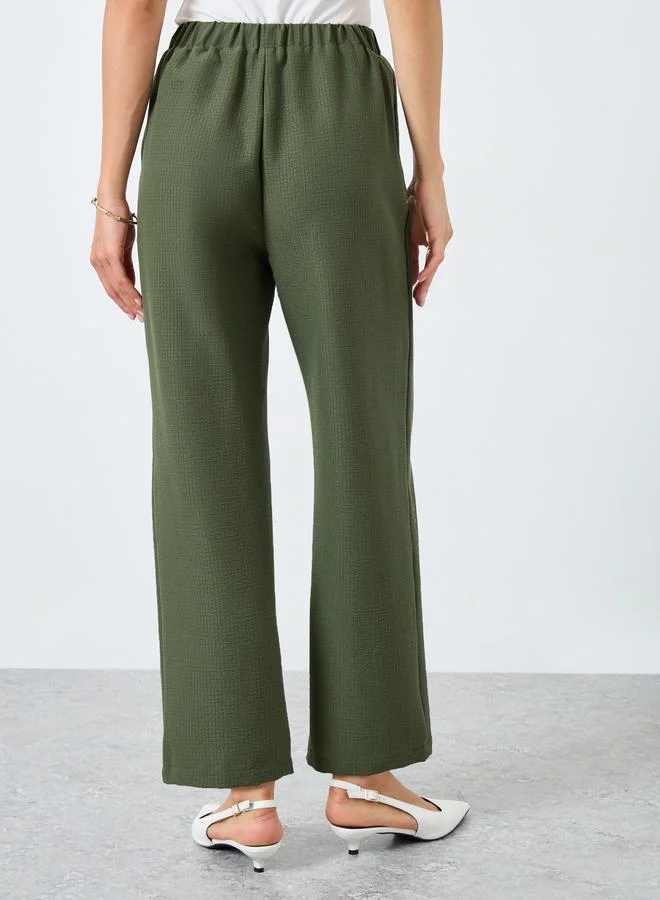Take Two  Solid Textured Elastic Waist Straight Leg Pants for Women | Best Price UAE