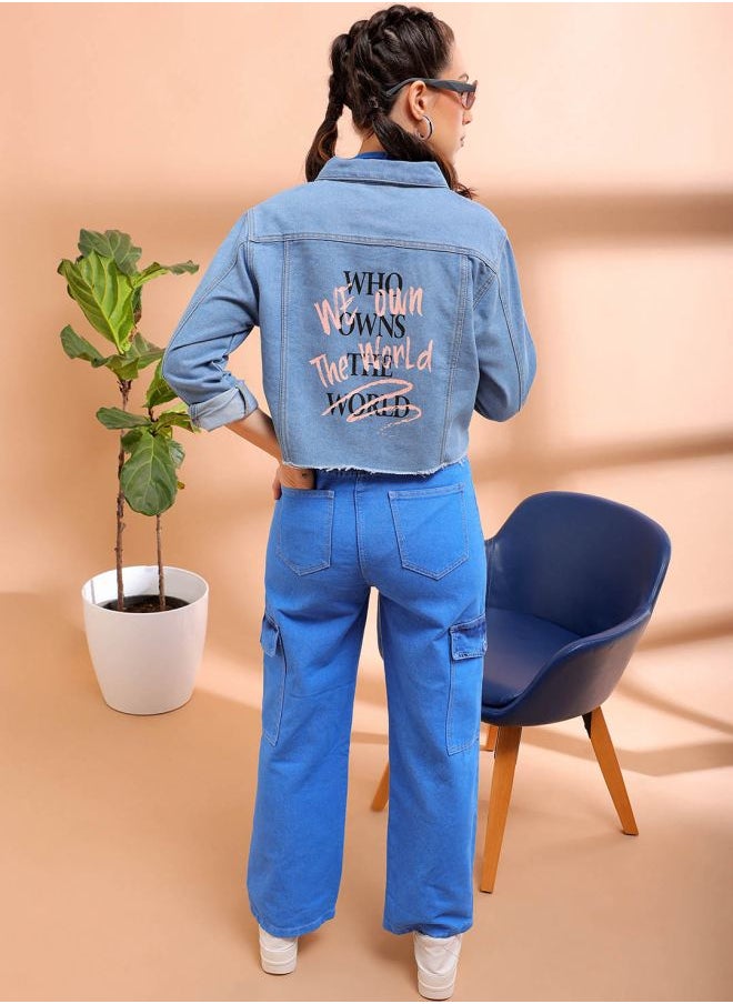 Freehand - Women Casual Slim Fit Long Sleeve Back Printed Denim Jacket - Image 1