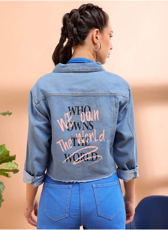 Freehand - Women Casual Slim Fit Long Sleeve Back Printed Denim Jacket - Image 1