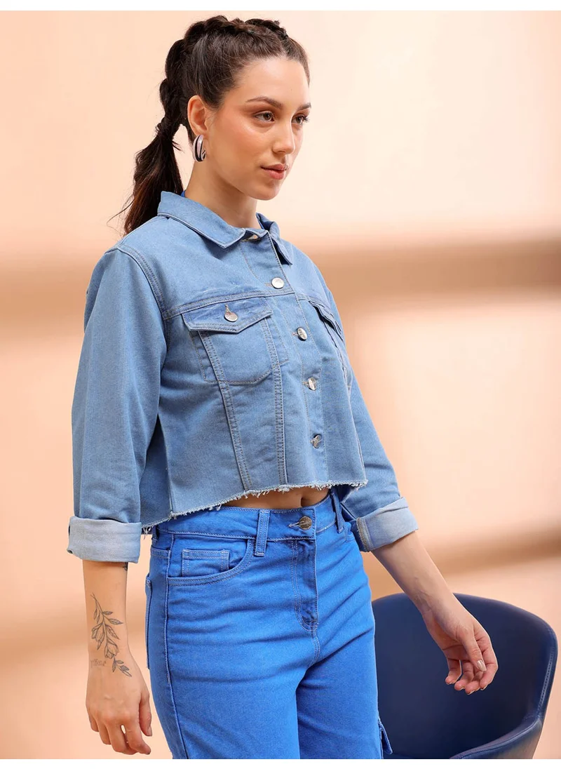 Freehand Women Casual Slim Fit Long Sleeve Back Printed Denim Jacket
