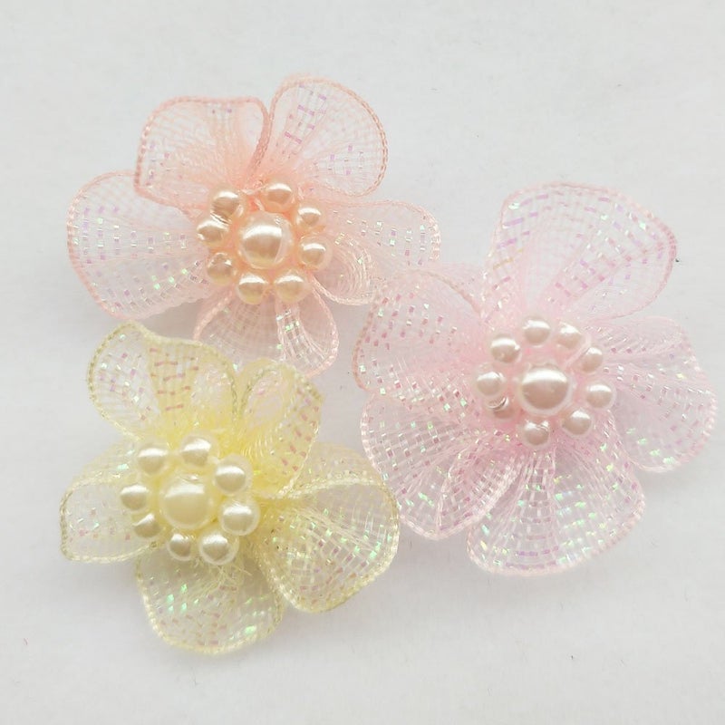 Chenkou Craft Mix Lots 40pcs 28mm Organza Ribbon Flowers Bows w/Beads Appliques Wedding Craft (Organza Flower(A0020)) - Image 2