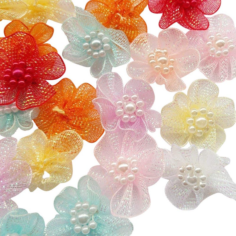 Chenkou Craft Mix Lots 40pcs 28mm Organza Ribbon Flowers Bows w/Beads Appliques Wedding Craft (Organza Flower(A0020)) - Image 1