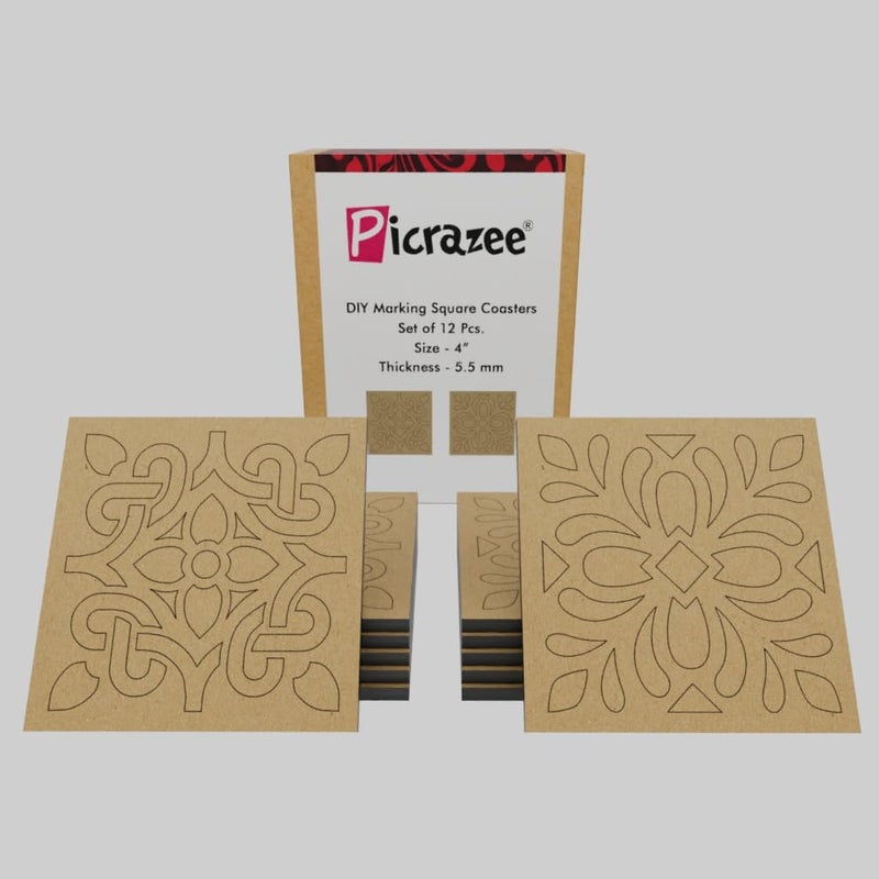 PICRAZEE DIY Engineered Pine MDF Pre-Marked 12 Square Plates (2 Designs 6 pcs Each) Size 4x4 inch and 5.5 mm Thickness– Ideal for Art and Craft, Resin Art, Decoupage, and DIY Projects - Image 1