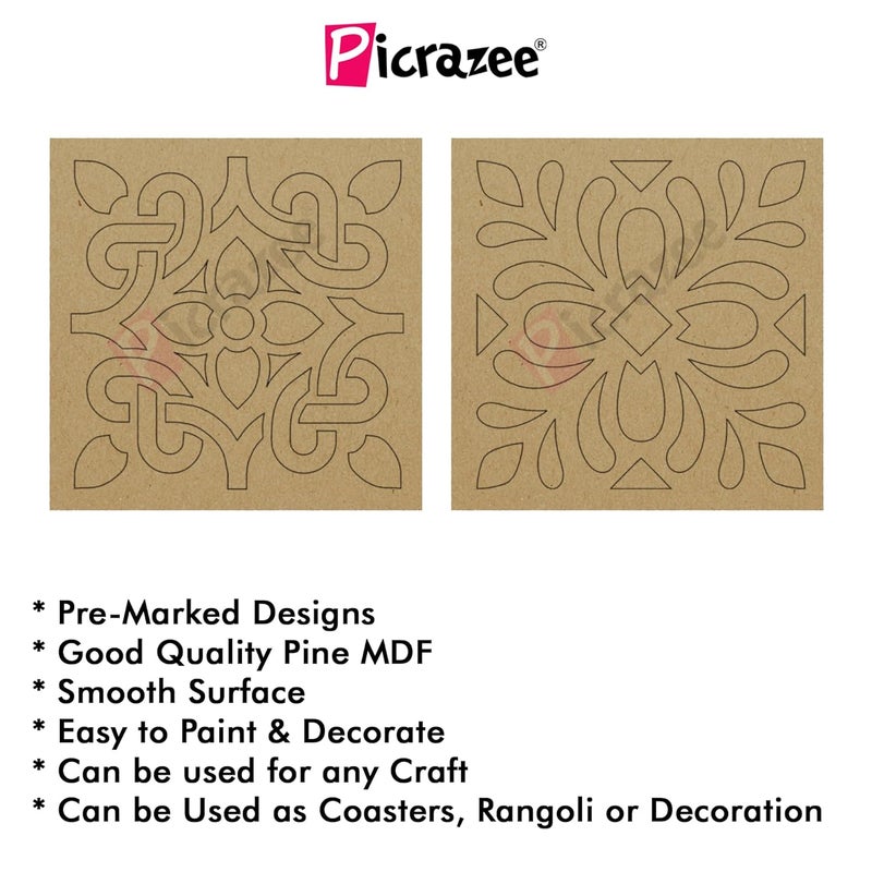 PICRAZEE DIY Engineered Pine MDF Pre-Marked 12 Square Plates (2 Designs 6 pcs Each) Size 4x4 inch and 5.5 mm Thickness– Ideal for Art and Craft, Resin Art, Decoupage, and DIY Projects - Image 4