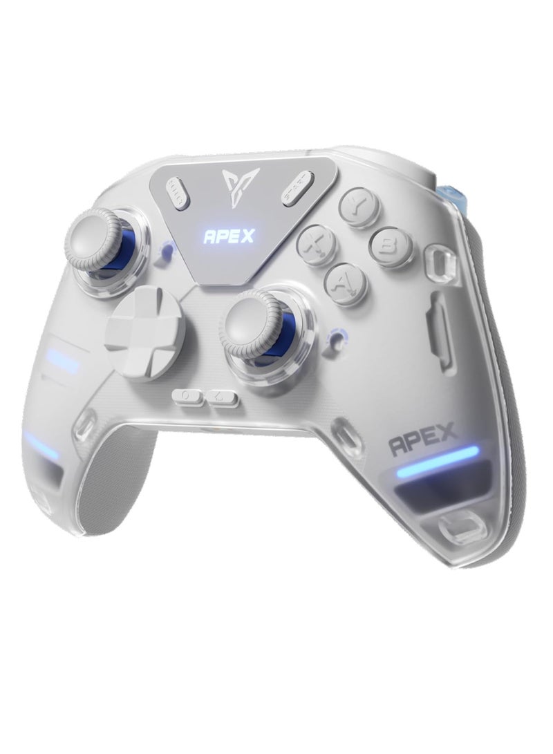 Flydigi APEX 4 wireless PC controller features force feedback, an adjustable metal alloy joystick, a full-color LED display, a 1500mAh battery, a 1000Hz response time, and stereo vibration. It is compatible with PCs, laptops, mobile phones, TVs, Android devices, and iOS devices. (White)