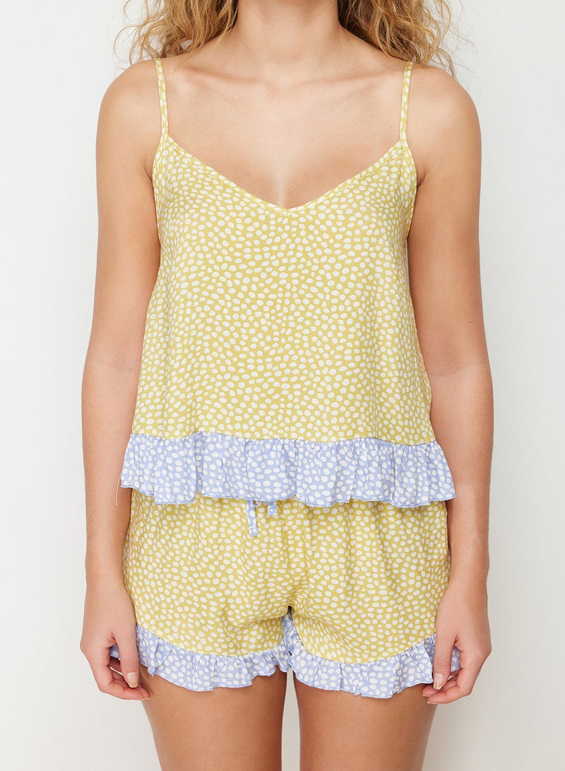 trendyol Yellow-Multicolor Polka Dot Ruffled Rope Strap Viscose Shorts Woven Pajamas Set Thmss24Pt00124 - Image 4