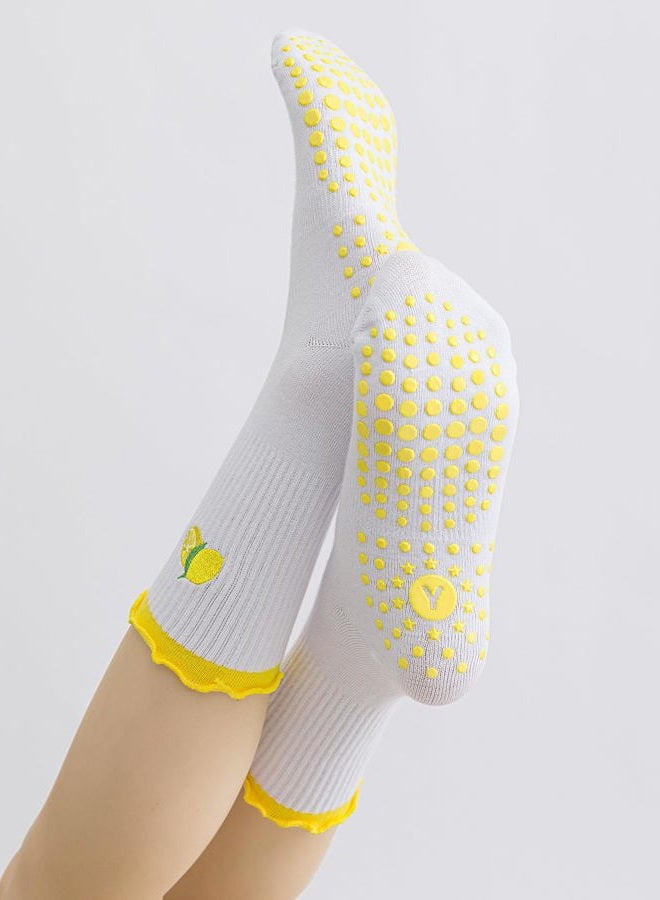 Yawlsow Pilates Grip Socks for Women Yoga Grippy Socks Cute Barre Non Skid Athletic Crew Sticky Sock Workout Hospital, 2 Pack-cherry & Yellow, One size - Image 5