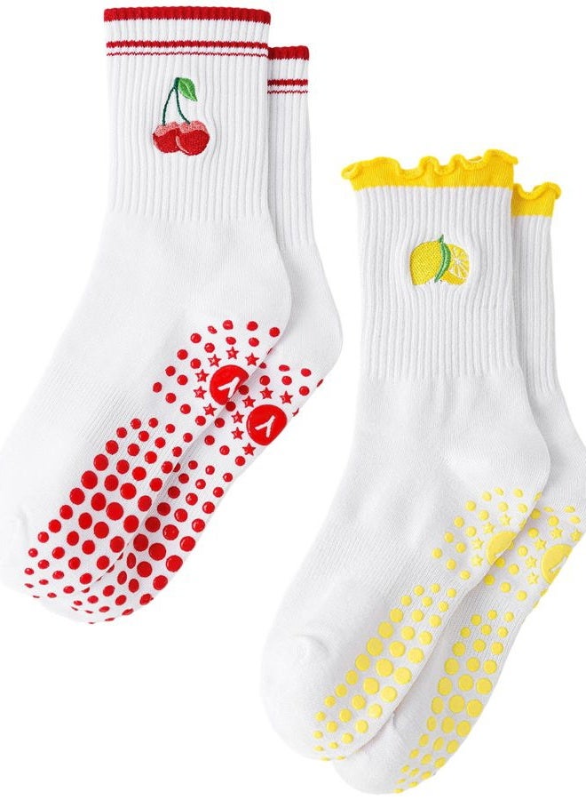 Yawlsow Pilates Grip Socks for Women Yoga Grippy Socks Cute Barre Non Skid Athletic Crew Sticky Sock Workout Hospital, 2 Pack-cherry & Yellow, One size - Image 1