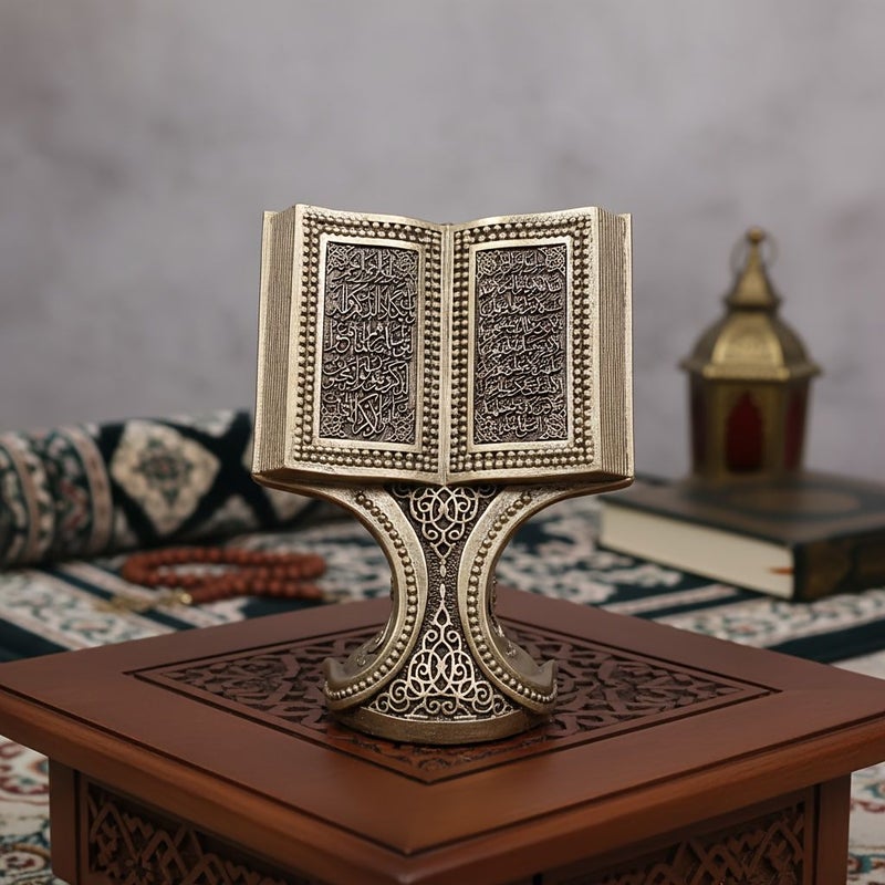 Elegant Gold Resin Quran Book Ornament With Base Vintage Home Decor Sculpture Unique Desktop Artwork Display Piece For Art Lovers - Image 1
