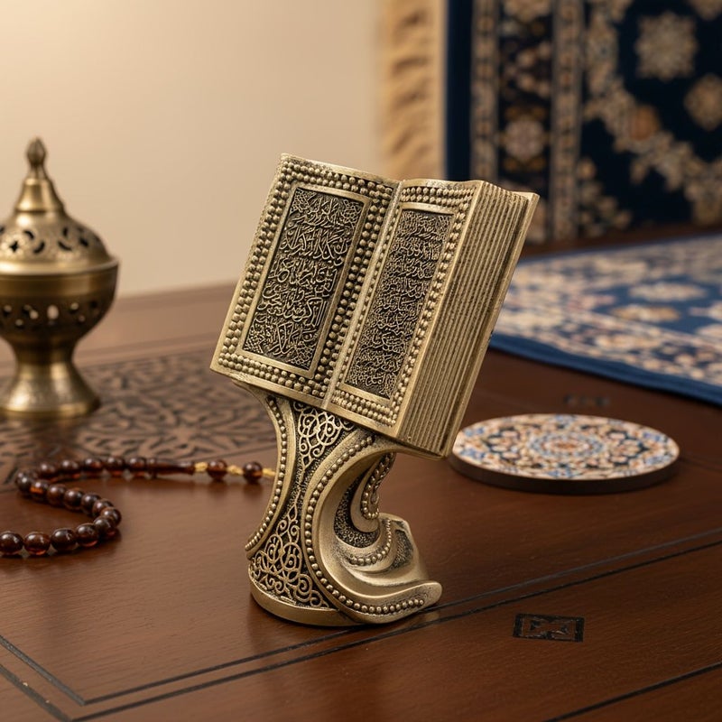 Elegant Gold Resin Quran Book Ornament With Base Vintage Home Decor Sculpture Unique Desktop Artwork Display Piece For Art Lovers - Image 2