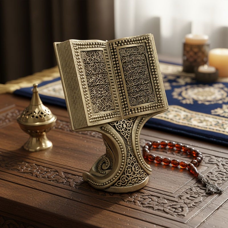 Elegant Gold Resin Quran Book Ornament With Base Vintage Home Decor Sculpture Unique Desktop Artwork Display Piece For Art Lovers - Image 3
