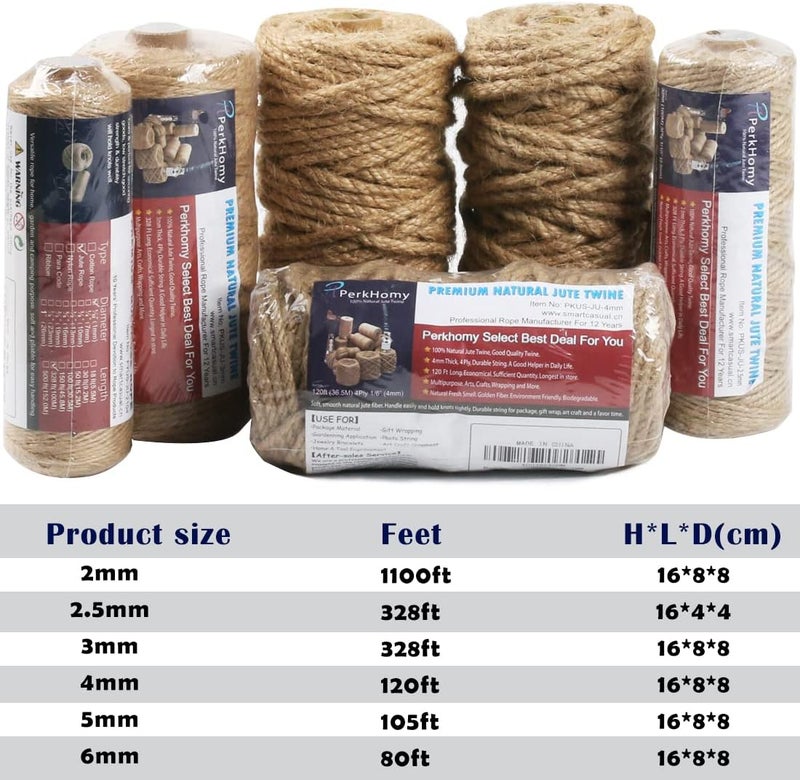 PH PERKHOMY PerkHomy 4mm Jute Rope 120 Feet Twisted Heavy Duty and Thick Twine Rope for Cat Scratcher Scratching Post Tree Craft Projects Gardening Home Decoration Packing Bundling (120FT * 4mm) - Image 5
