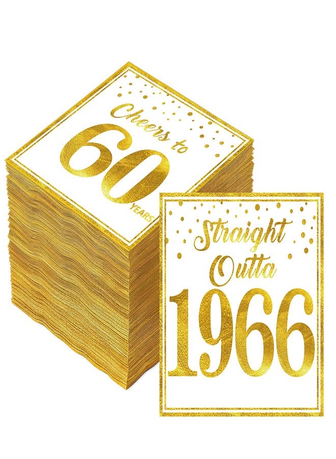 Uiorgui 60th Birthday Napkins, 50PCS White Gold 1966 60th Birthday Decorations for Men Woman Cheers to 60 Years Straight Outta 1966 Anniversary Party Cocktail Napkins Disposable, 6.5x6.5 Inches - Image 1