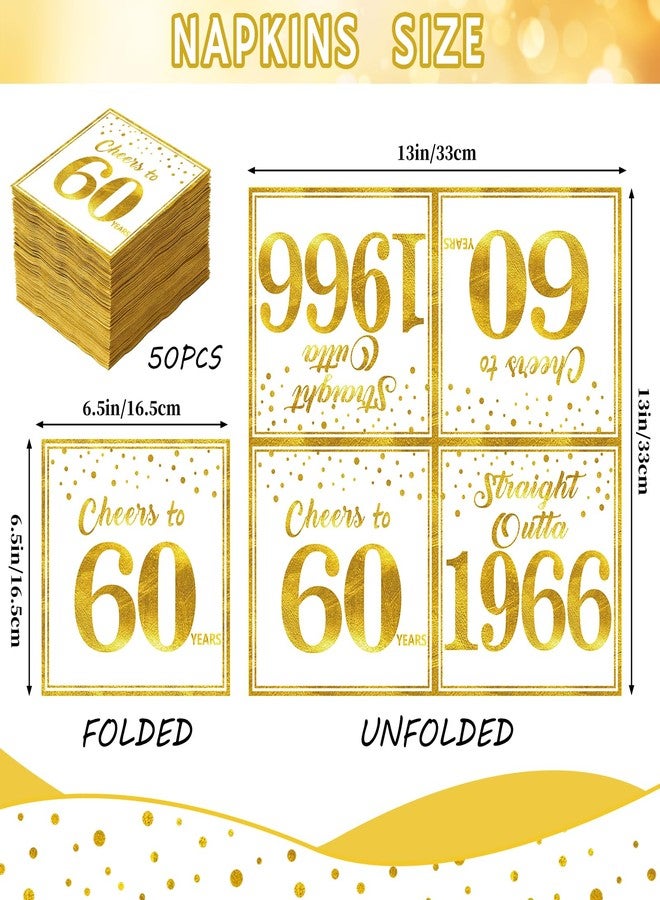 Uiorgui 60th Birthday Napkins, 50PCS White Gold 1966 60th Birthday Decorations for Men Woman Cheers to 60 Years Straight Outta 1966 Anniversary Party Cocktail Napkins Disposable, 6.5x6.5 Inches - Image 2