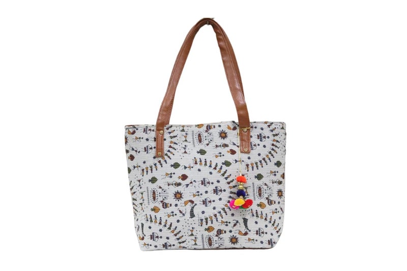 SHIVKARI Womens Girls Traditional Ikkat Tote Handbag with Tassels | White - Image 1
