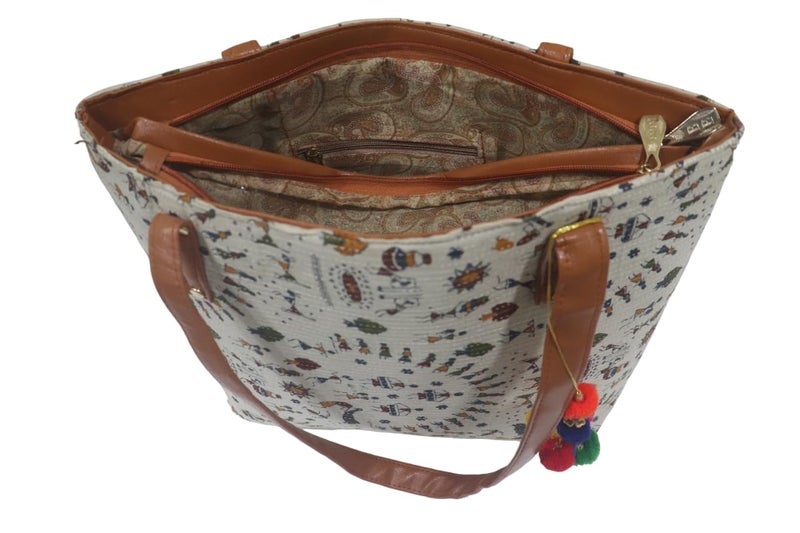 SHIVKARI Womens Girls Traditional Ikkat Tote Handbag with Tassels | White - Image 5