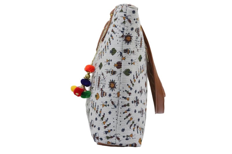 SHIVKARI Womens Girls Traditional Ikkat Tote Handbag with Tassels | White - Image 3