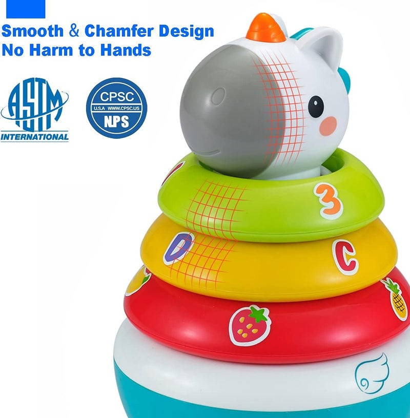 HOLA Stacking Rings Baby Toy with Unicorn Topper, Roly Poly Wobbler Toddler Toys with Rattle Sound, Early Educational Developmental Montessori Toy for Kid 3-6 6-9 9-12 Months, 1 2 3 Year Old - Image 4