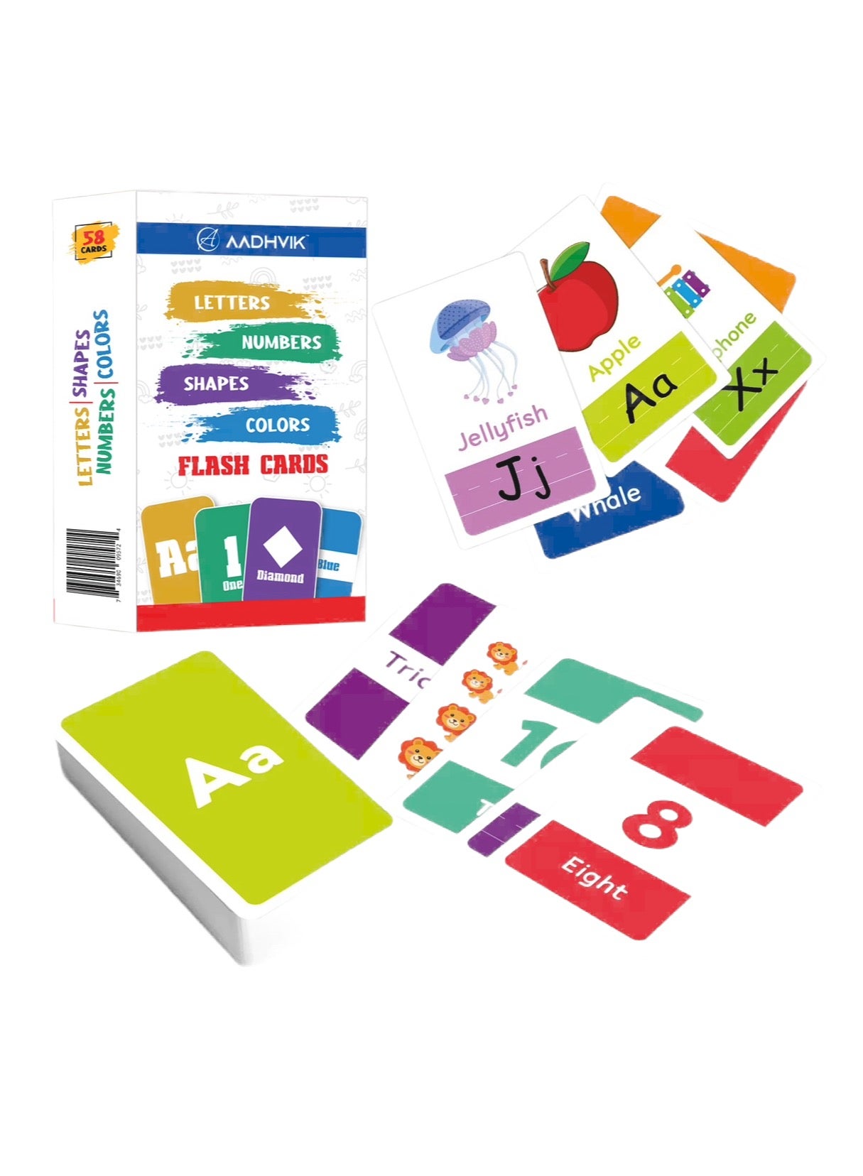 AADHVIK Toddler Flash Cards for Kids, 4-in-1 - Letters, Numbers, Shapes & Colors, Montessori Education toy for kids ages 1 2 3 4 5 years, Gifts for boys & girls, Preschool learning activities