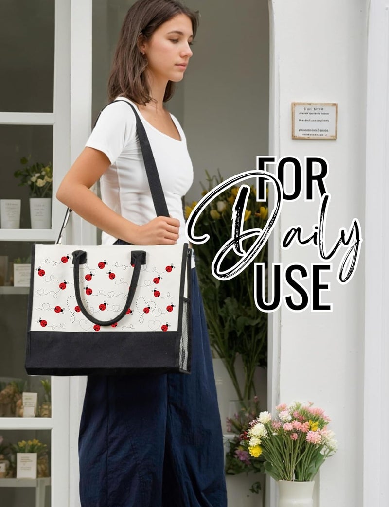 INNObeta InnoBeta Ladybug Gifts for Women Canvas Tote Bag Ladybug Gifts Tote with Top Zipper Closure and Shoulder Strap for Birthday Mothers Day Christmas  - Image 4