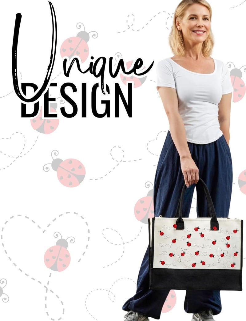 INNObeta InnoBeta Ladybug Gifts for Women Canvas Tote Bag Ladybug Gifts Tote with Top Zipper Closure and Shoulder Strap for Birthday Mothers Day Christmas  - Image 2