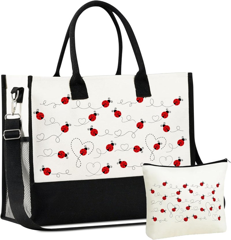 INNObeta InnoBeta Ladybug Gifts for Women Canvas Tote Bag Ladybug Gifts Tote with Top Zipper Closure and Shoulder Strap for Birthday Mothers Day Christmas  - Image 1