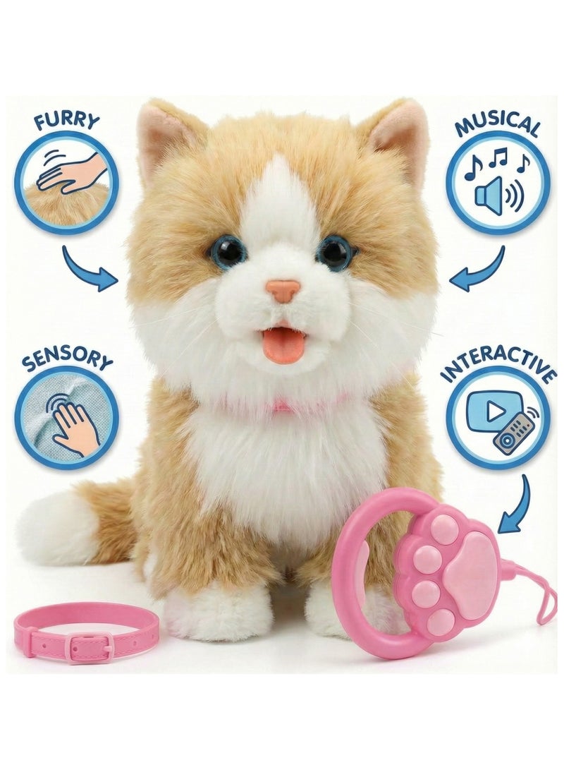 ريزوس لعبة قطط تمشي وتغني للأطفال - لعبة قطط إلكترونية مزودة بسلسلة تحكم عن بُعد | لعبة قطط تفاعلية محشوة بالمشي مع موسيقى وصوت | قطة روبوتية تعمل بالبطارية للأولاد والبنات | لعبة حيوانات أليفة تظاهرية كهدية لأعياد الميلاد (بني) - Image 3