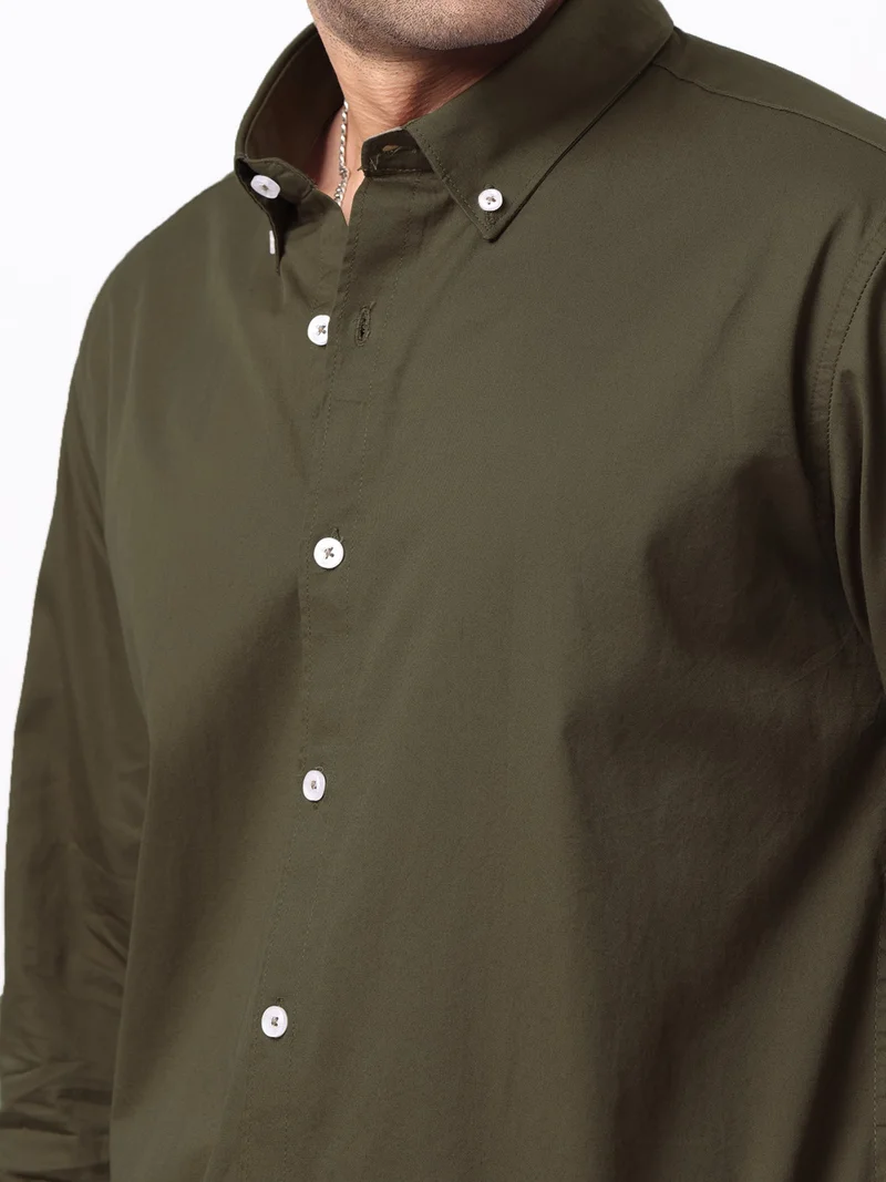 Maniac  Maniac Mens Solid Collared Neck Full Sleeve Soft Twill Fabric Olive Shirt for Men | Best Price UAE