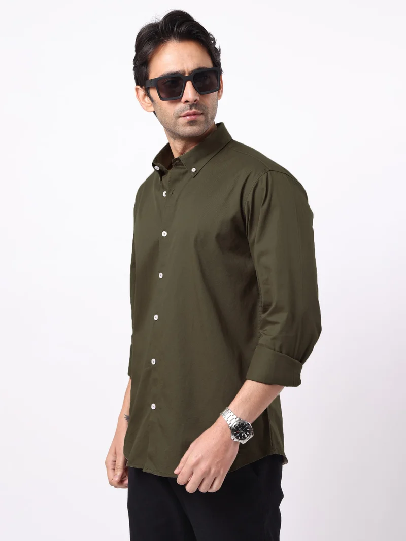 مانياك Maniac Mens Solid Collared Neck Full Sleeve Soft Twill Fabric Olive Shirt
