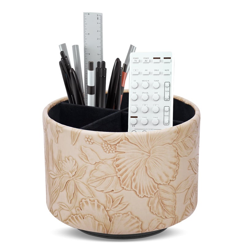 Hennaja Round Leather Art Supply Organizer,Remote Control Holder,360 Degree Spinning,Multi-Functional Pencil Holder,4 Compartments Desktop Stationary Organizer(1-Carved Light Brown) - Image 1