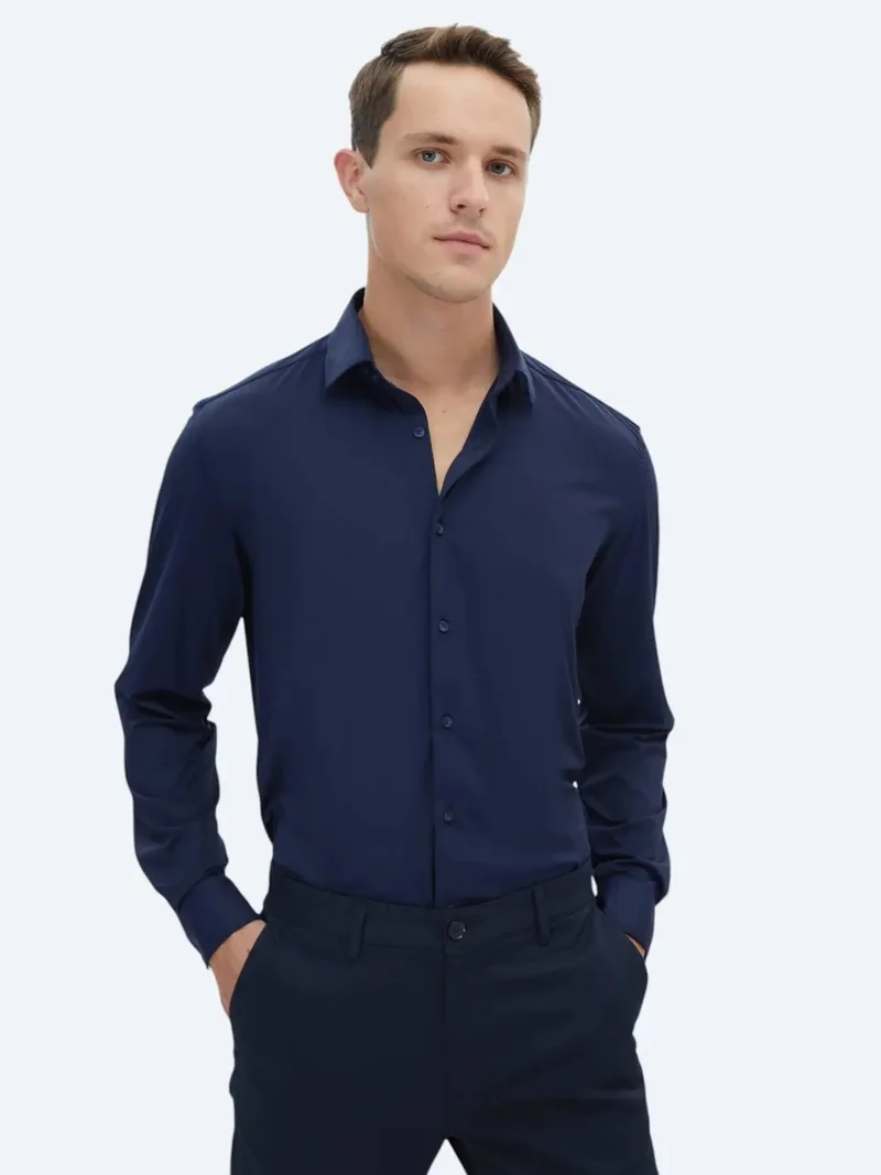 Kip Navy Blue Regular Fit Knitting Casual Shirt