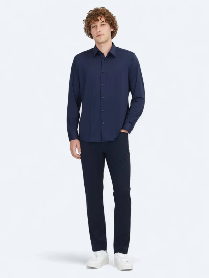 Kip Navy Blue Regular Fit Long Knitting Casual Shirt