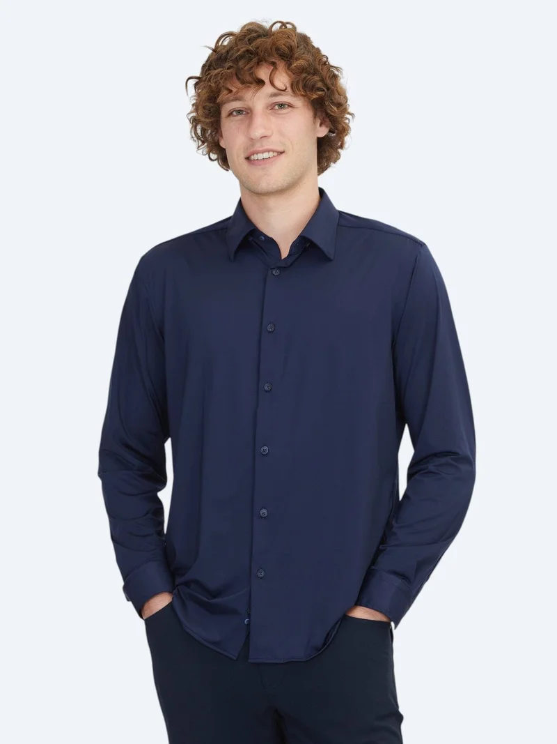 Kip Navy Blue Regular Fit Long Knitting Casual Shirt
