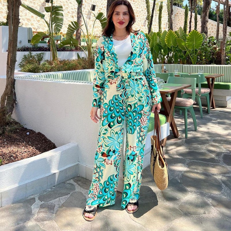 In Stock European and American cross-border casual womens 2023 autumn new fashion printed long-sleeved shirt high waist wide-leg trousers suit IQ207 picture color