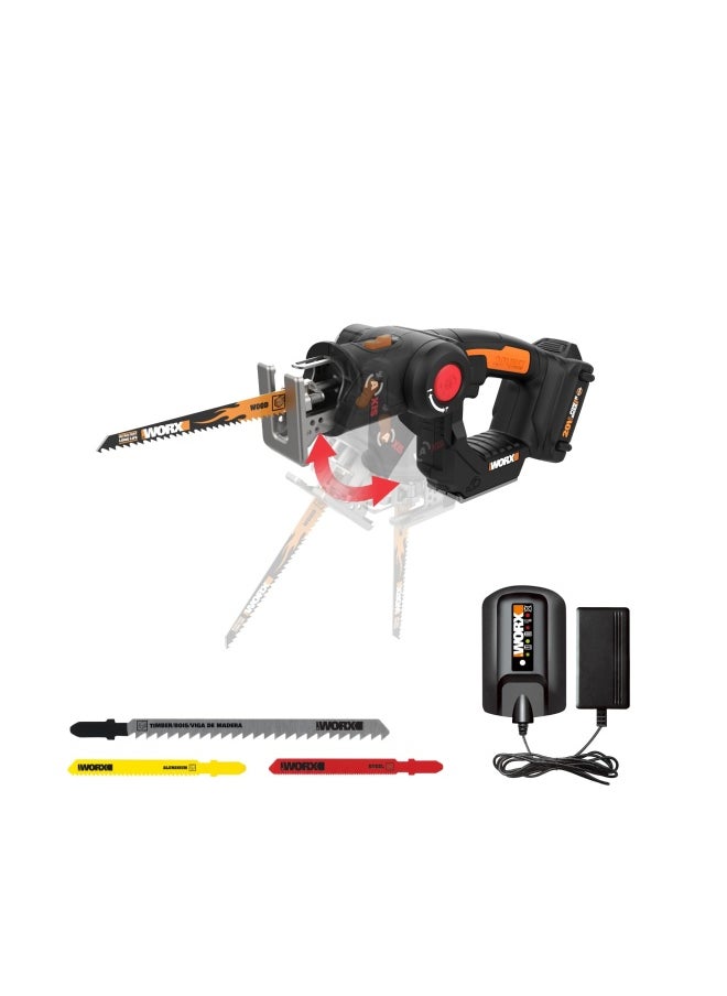 20V AXIS 2-in-1 Cordless Reciprocating Saw  Jig Saw Orbital Cutting Reciprocating Saw Pivoting Head Jigsaw Tool with Tool-Free Blade Change Power Share WX550L Battery  Charger Included