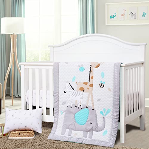 JISEN 3 Piece Crib Bedding Set Crib Quilt Crib Sheet Pillowcase - Soft Microfiber Printed Nursery Set for Baby Boys or Girls Gray - Image 1