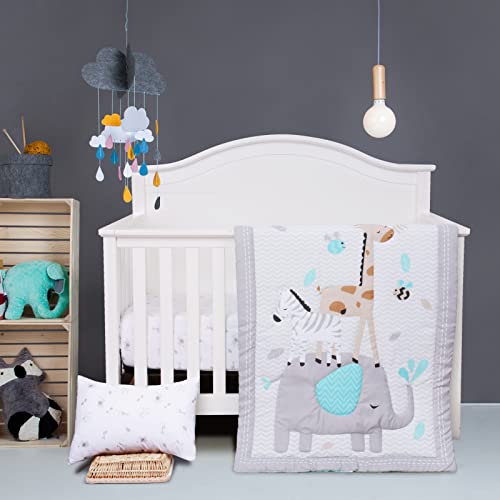 JISEN 3 Piece Crib Bedding Set Crib Quilt Crib Sheet Pillowcase - Soft Microfiber Printed Nursery Set for Baby Boys or Girls Gray - Image 2