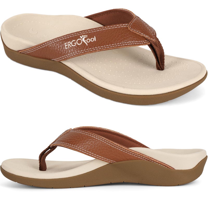ERGOfoot Orthotic Flip Flops with Arch Support PU Thong Sandals Walking Comfort with Orthopedic Support for Plantar Fasciitis Flat Feet Beach Slippers for Women MenBrown