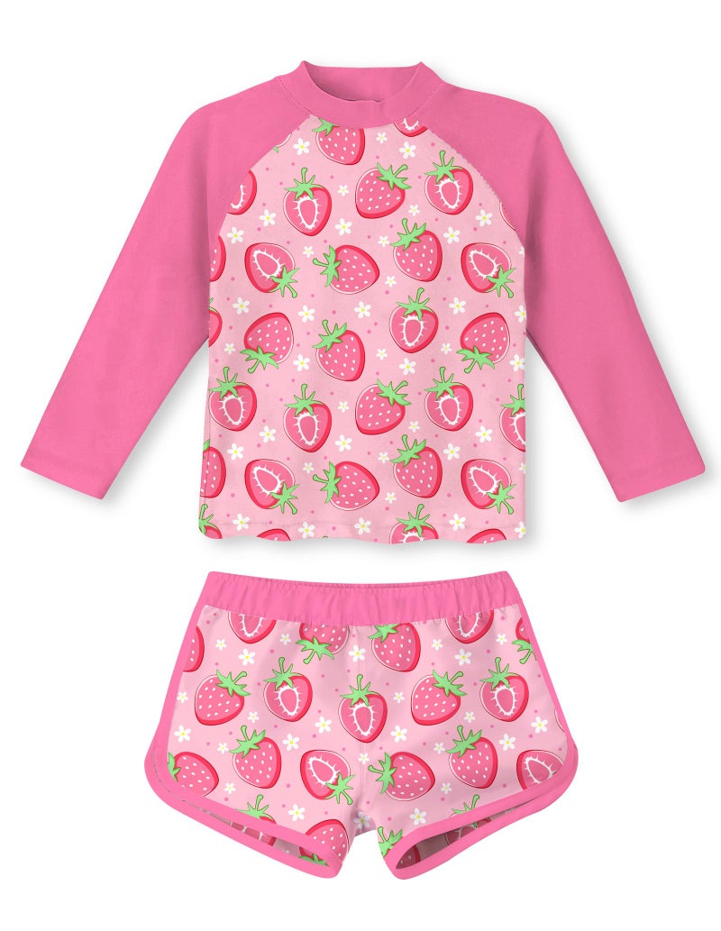 Vogseek Little Girls Swimsuit Size 6 Strawberries Pink Printed Tankini Swimming Set 2-Piece Swimwear Rashguard UV Protective Kids Bathing Suit 5t - Image 3