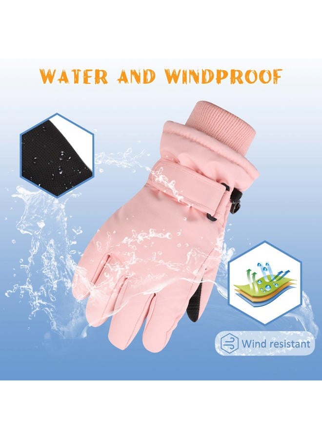 JANGANNSA Waterproof Kids Winter Gloves Cartoon Boys Girls Snow Mittens Warm Outdoor Ski Gloves with Fleece Lining, Solid Skin Pink, 7-9 Years - Image 3