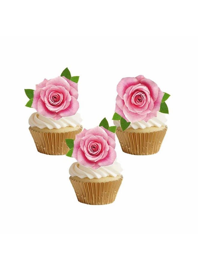 GEORLD 24pcs Edible Pink Rose Cupcake Topper Cake Toppers Party Decoration,Not 3D - Image 1